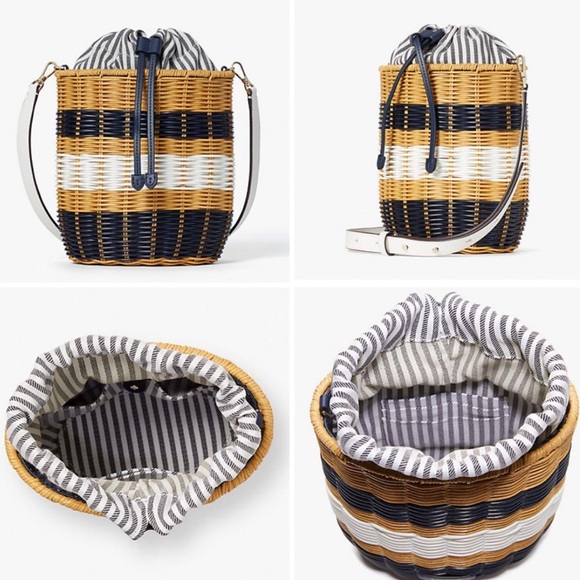 New Kate Spade buoy medium tricolor wicker drawstring bucket bag - Picture 3 of 11